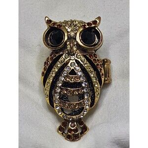 Vintage Stretch Owl Ring Rhinestones Chocolate Topaz Gold tone Large Unbranded